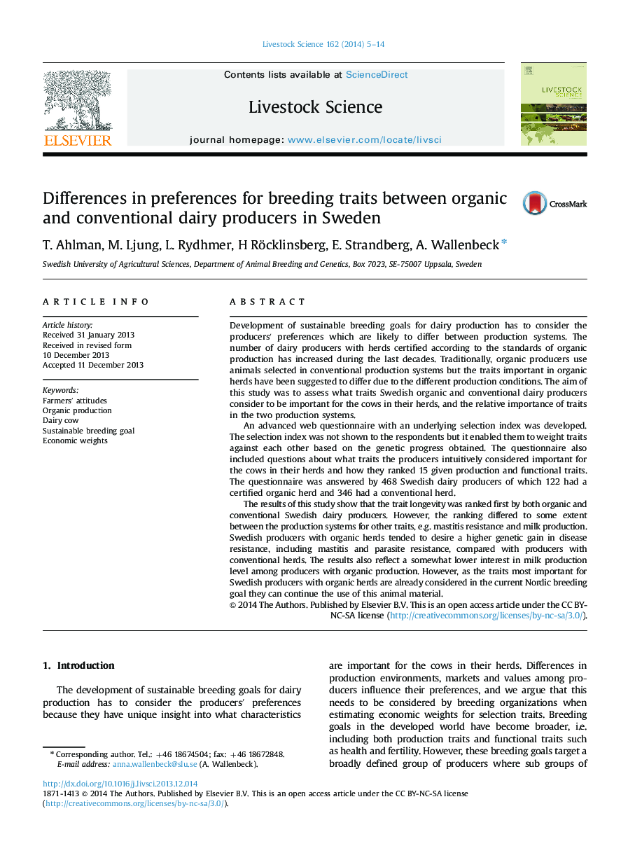 Differences in preferences for breeding traits between organic and conventional dairy producers in Sweden