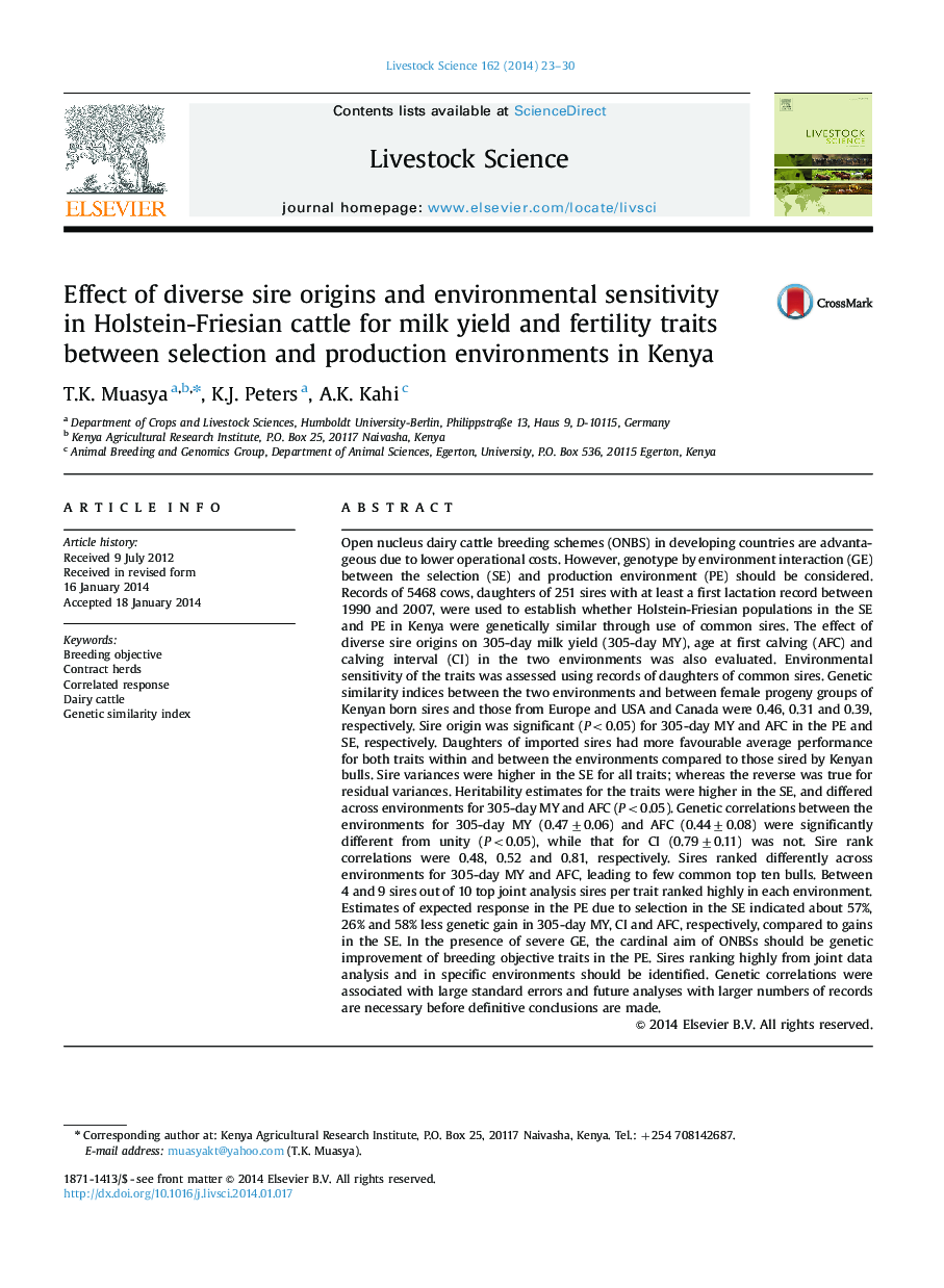 Effect of diverse sire origins and environmental sensitivity in Holstein-Friesian cattle for milk yield and fertility traits between selection and production environments in Kenya