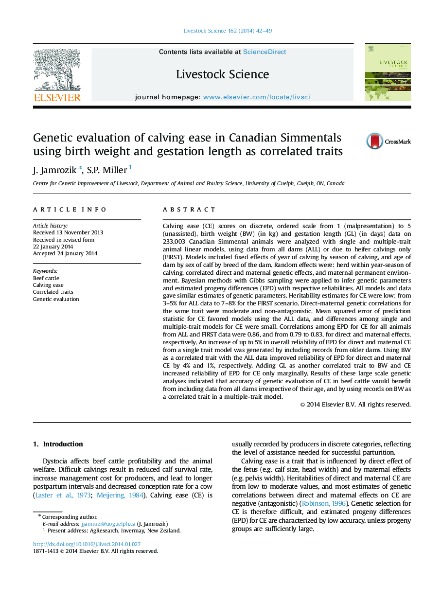 Genetic evaluation of calving ease in Canadian Simmentals using birth weight and gestation length as correlated traits