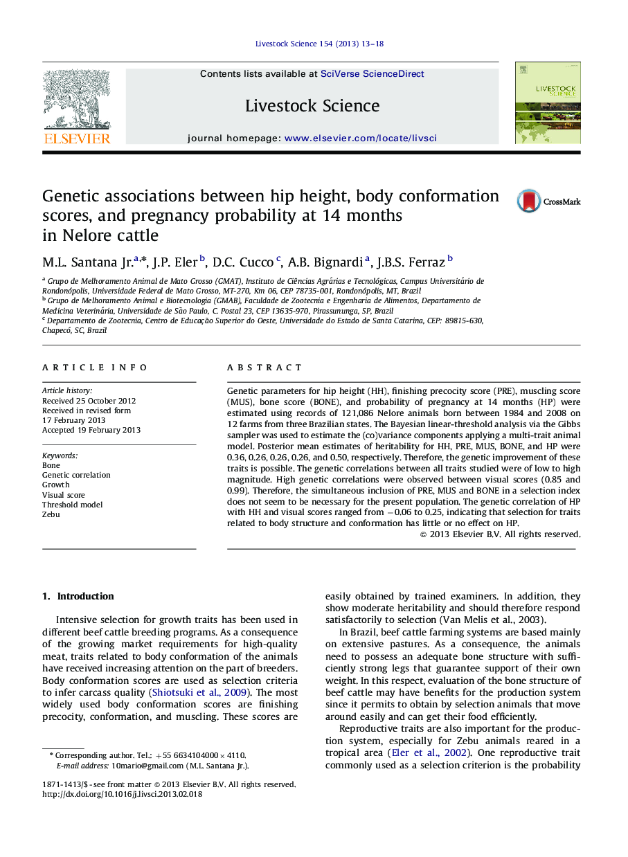 Genetic associations between hip height, body conformation scores, and pregnancy probability at 14 months in Nelore cattle