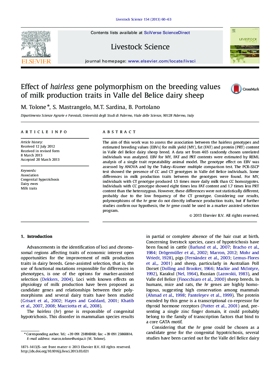 Effect of hairless gene polymorphism on the breeding values of milk production traits in Valle del Belice dairy sheep