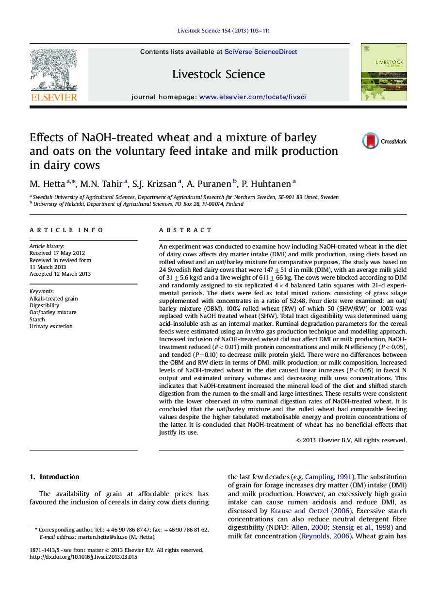 Effects of NaOH-treated wheat and a mixture of barley and oats on the voluntary feed intake and milk production in dairy cows