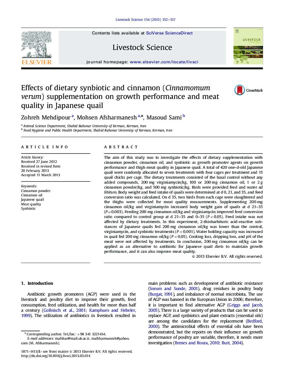 Effects of dietary synbiotic and cinnamon (Cinnamomum verum) supplementation on growth performance and meat quality in Japanese quail