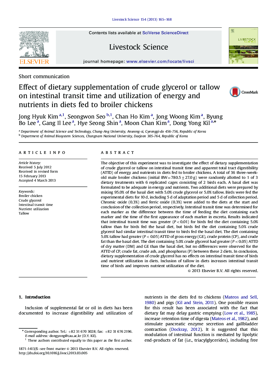 Effect of dietary supplementation of crude glycerol or tallow on intestinal transit time and utilization of energy and nutrients in diets fed to broiler chickens
