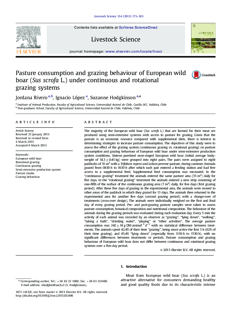 Pasture consumption and grazing behaviour of European wild boar (Sus scrofa L.) under continuous and rotational grazing systems