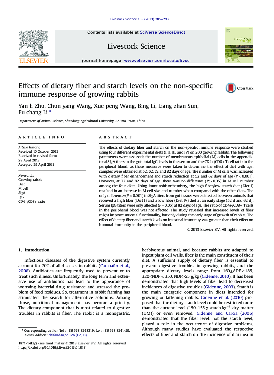 Effects of dietary fiber and starch levels on the non-specific immune response of growing rabbits