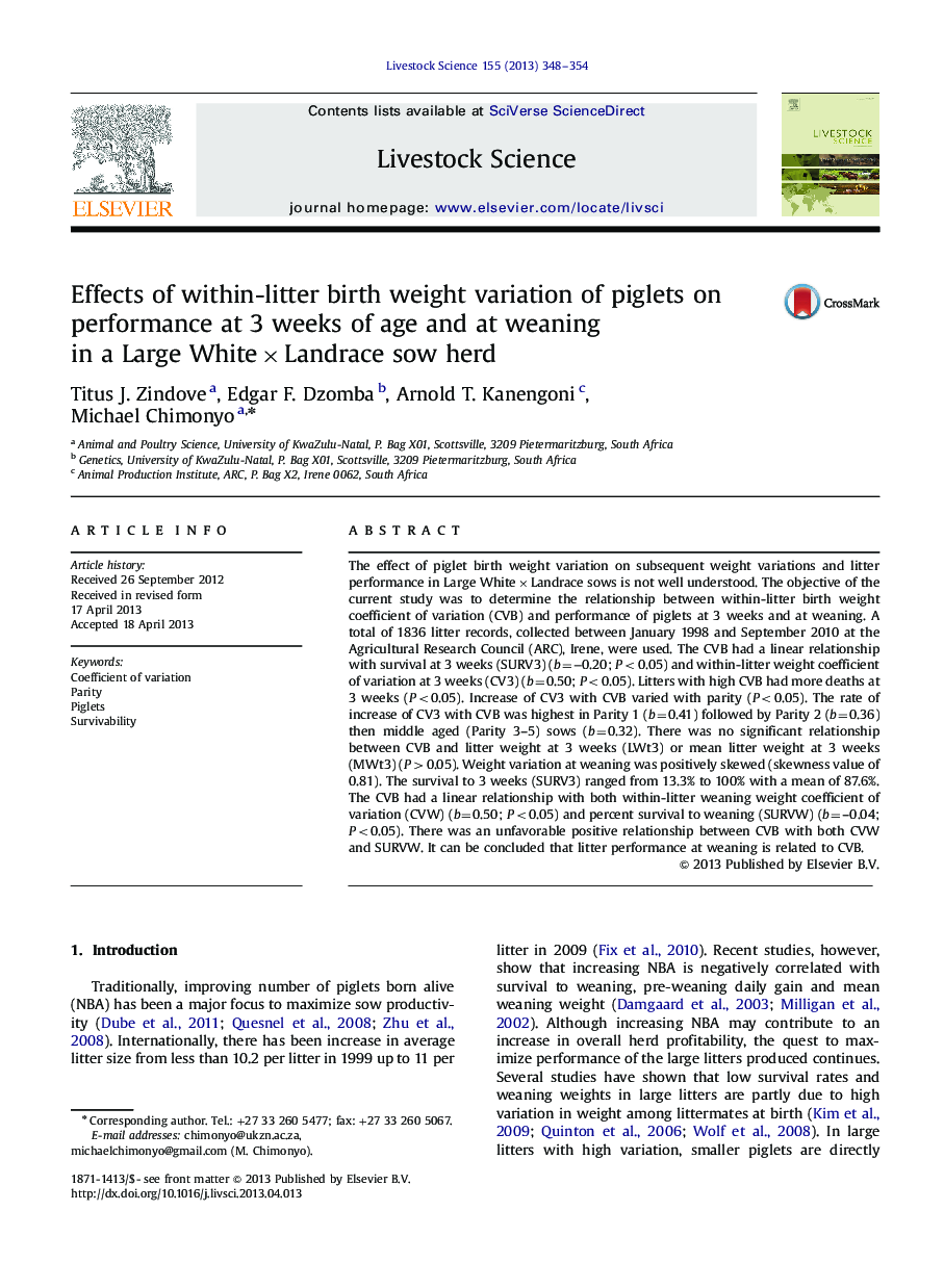 Effects of within-litter birth weight variation of piglets on performance at 3 weeks of age and at weaning in a Large WhiteÃLandrace sow herd
