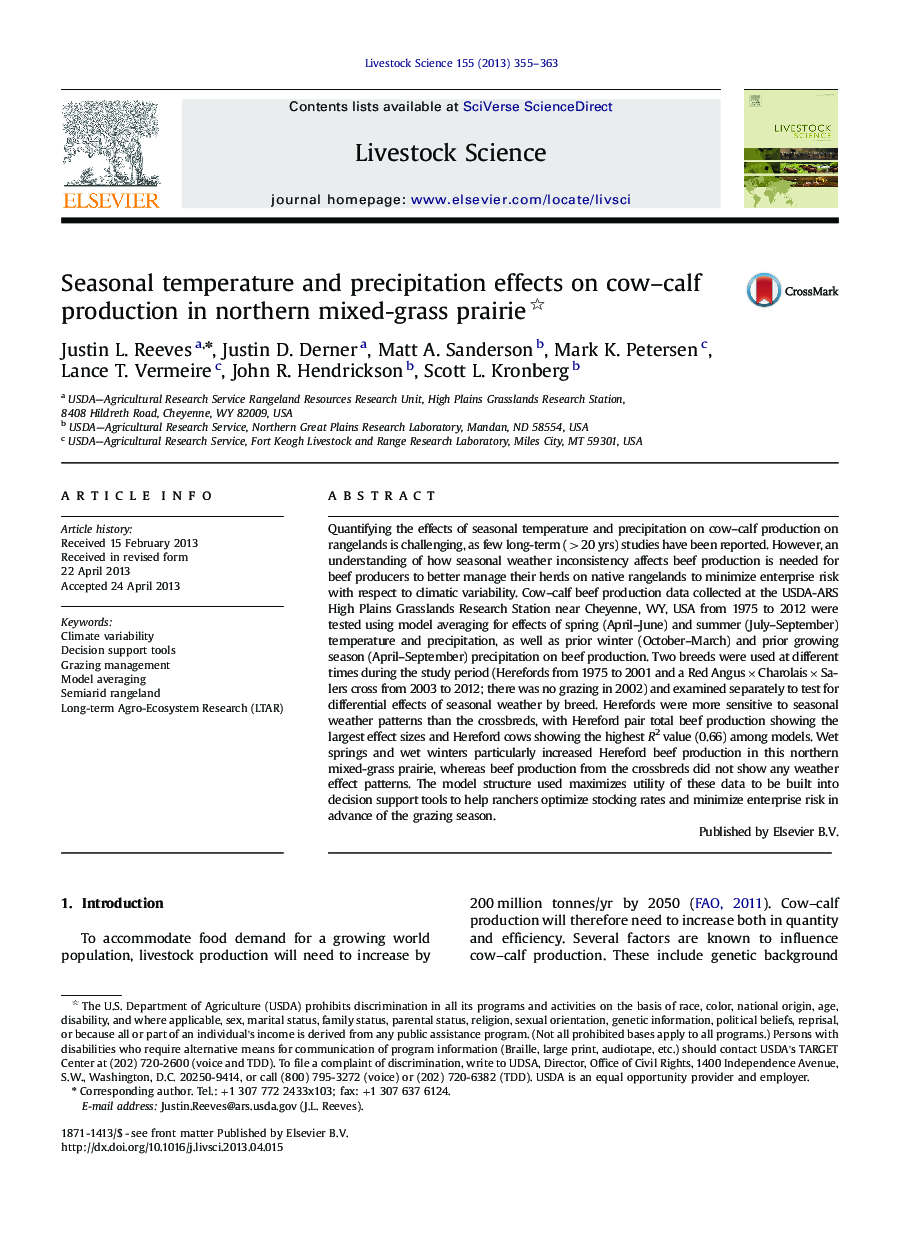 Seasonal temperature and precipitation effects on cow-calf production in northern mixed-grass prairie