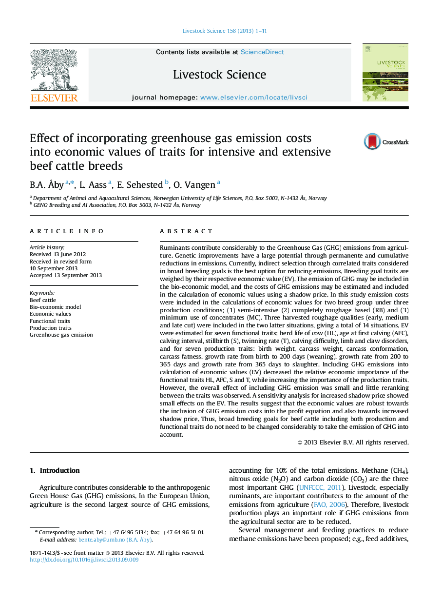 Effect of incorporating greenhouse gas emission costs into economic values of traits for intensive and extensive beef cattle breeds