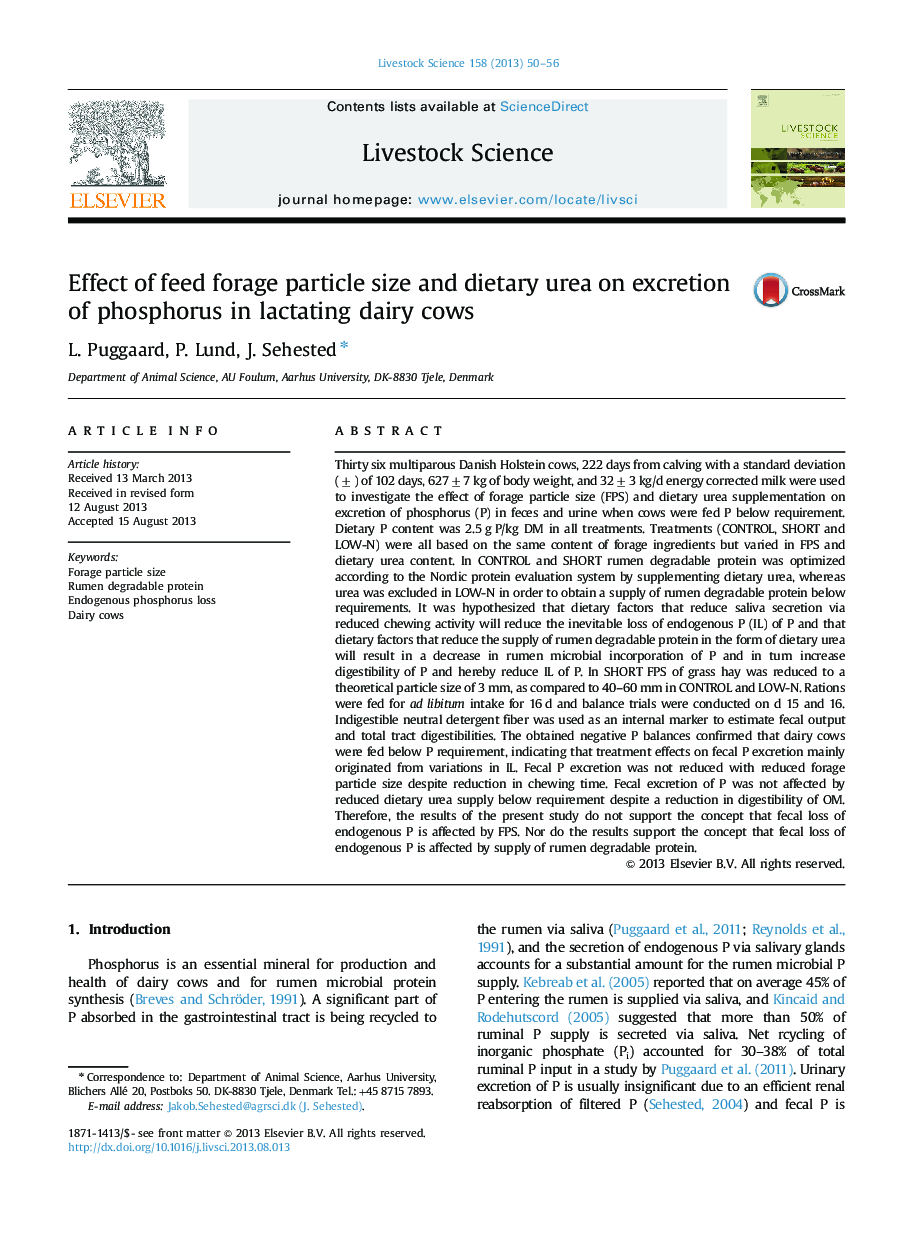 Effect of feed forage particle size and dietary urea on excretion of phosphorus in lactating dairy cows