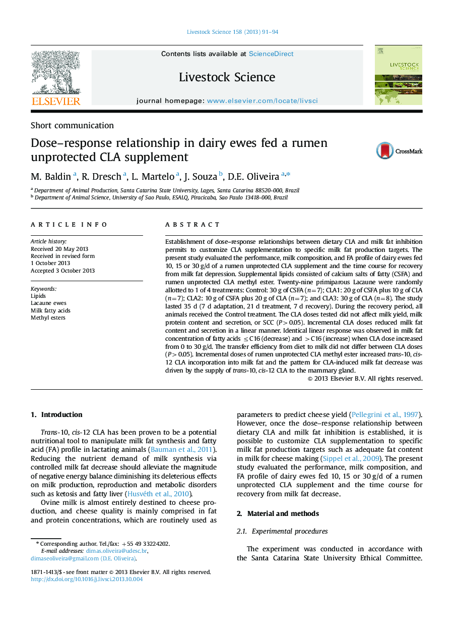 Dose-response relationship in dairy ewes fed a rumen unprotected CLA supplement