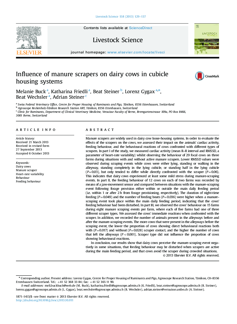 Influence of manure scrapers on dairy cows in cubicle housing systems