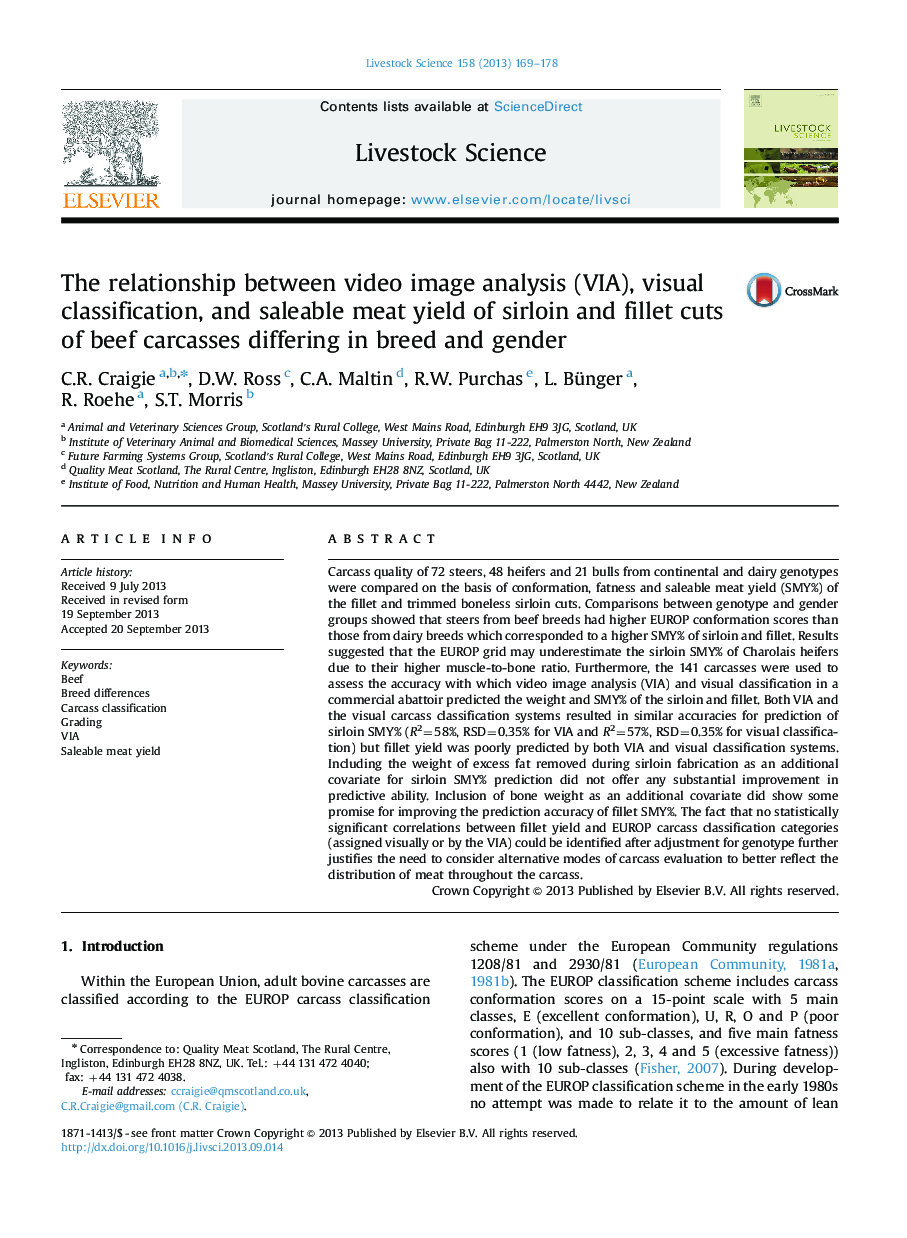 The relationship between video image analysis (VIA), visual classification, and saleable meat yield of sirloin and fillet cuts of beef carcasses differing in breed and gender