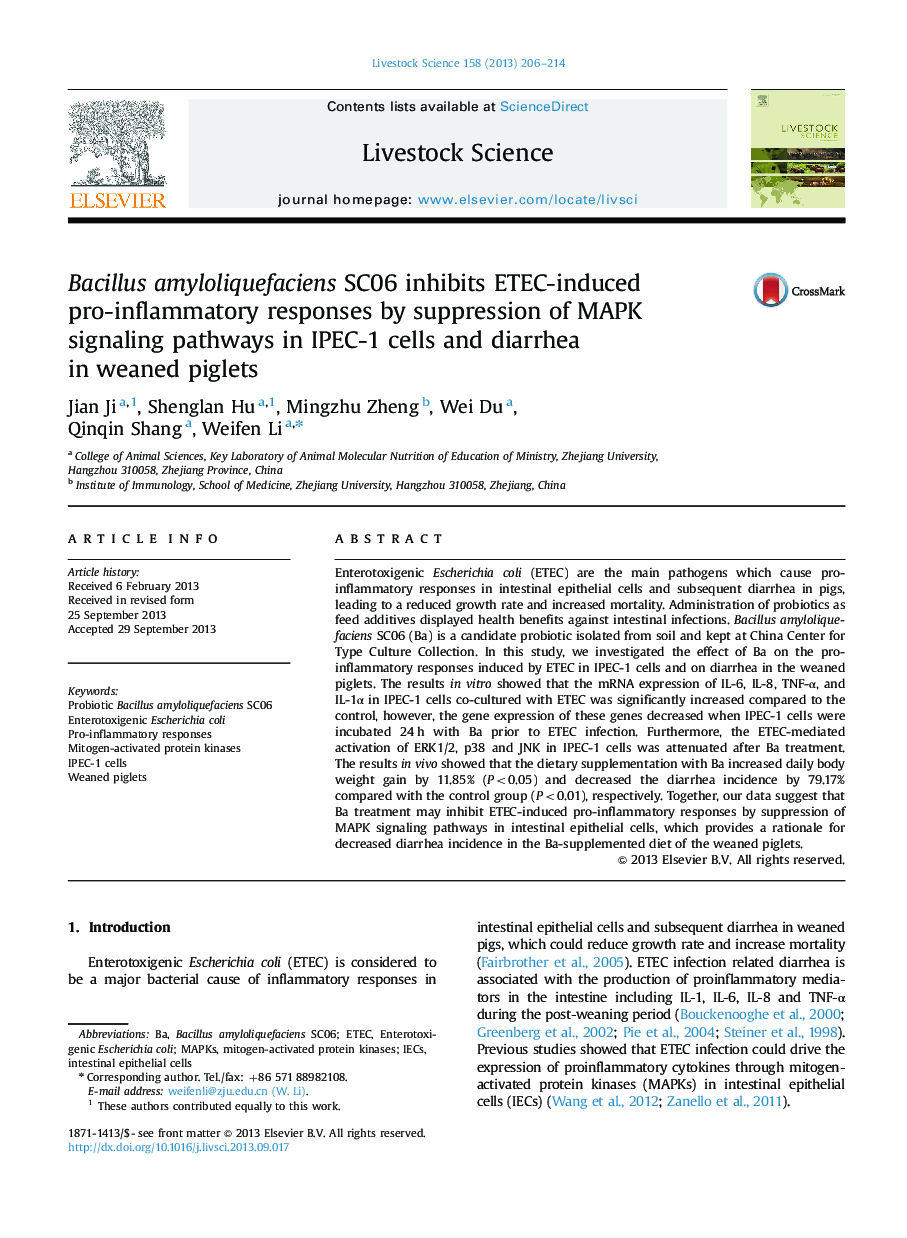 Bacillus amyloliquefaciens SC06 inhibits ETEC-induced pro-inflammatory responses by suppression of MAPK signaling pathways in IPEC-1 cells and diarrhea in weaned piglets