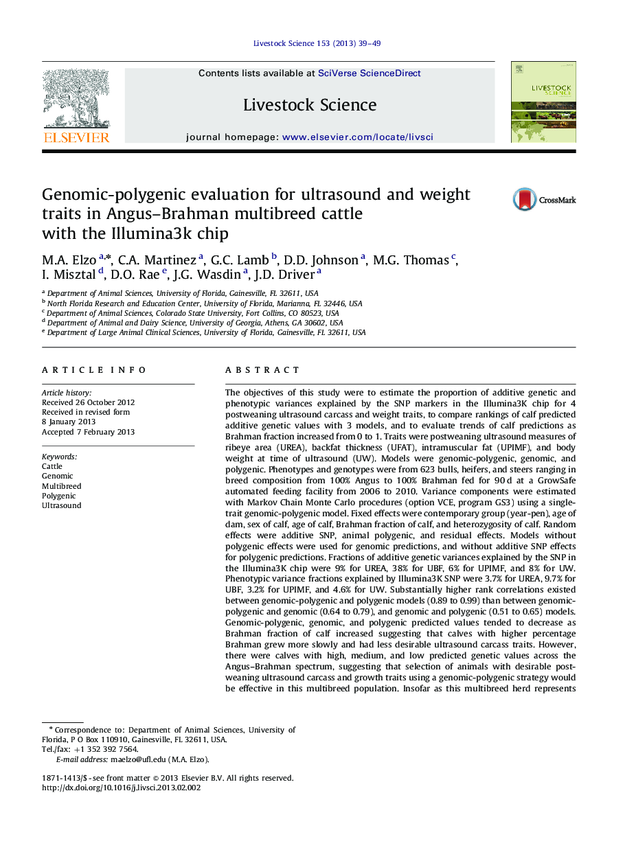 Genomic-polygenic evaluation for ultrasound and weight traits in Angus-Brahman multibreed cattle with the Illumina3k chip