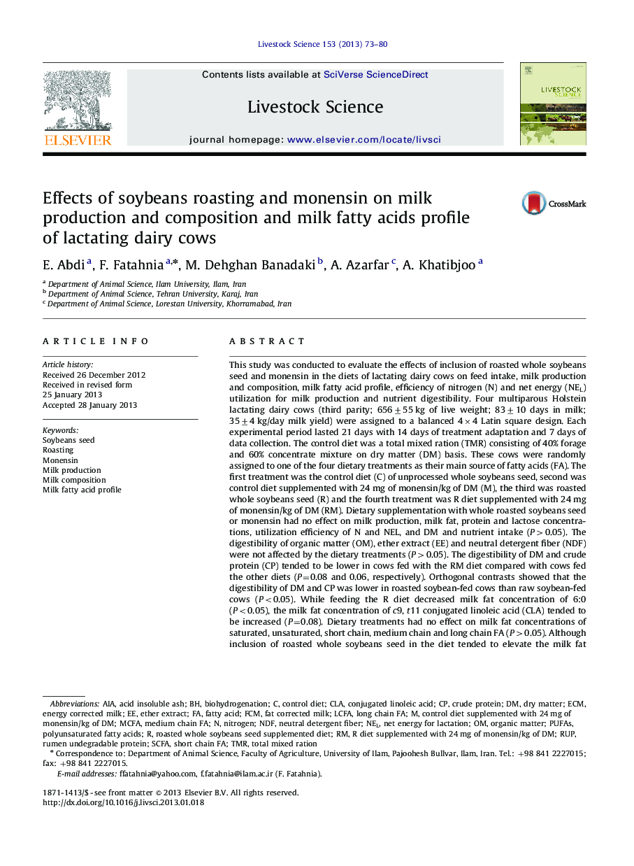 Effects of soybeans roasting and monensin on milk production and composition and milk fatty acids profile of lactating dairy cows