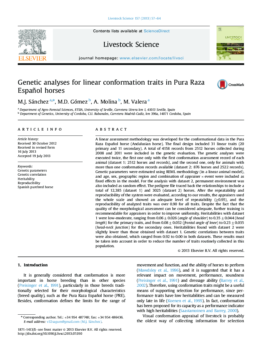 Genetic analyses for linear conformation traits in Pura Raza Español horses