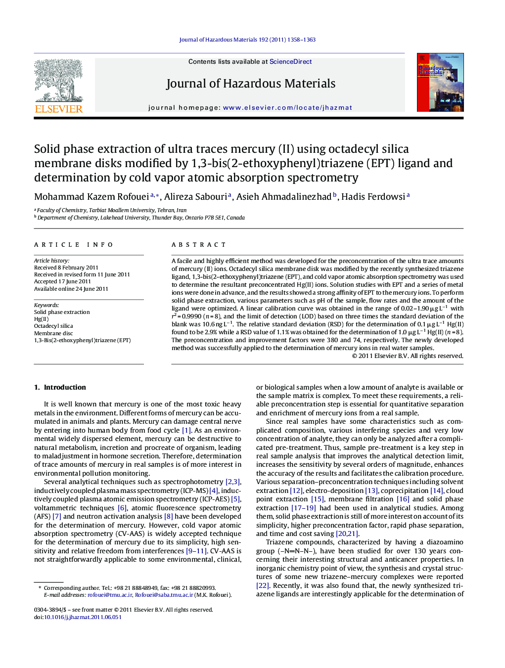 Solid phase extraction of ultra traces mercury (II) using octadecyl silica membrane disks modified by 1,3-bis(2-ethoxyphenyl)triazene (EPT) ligand and determination by cold vapor atomic absorption spectrometry