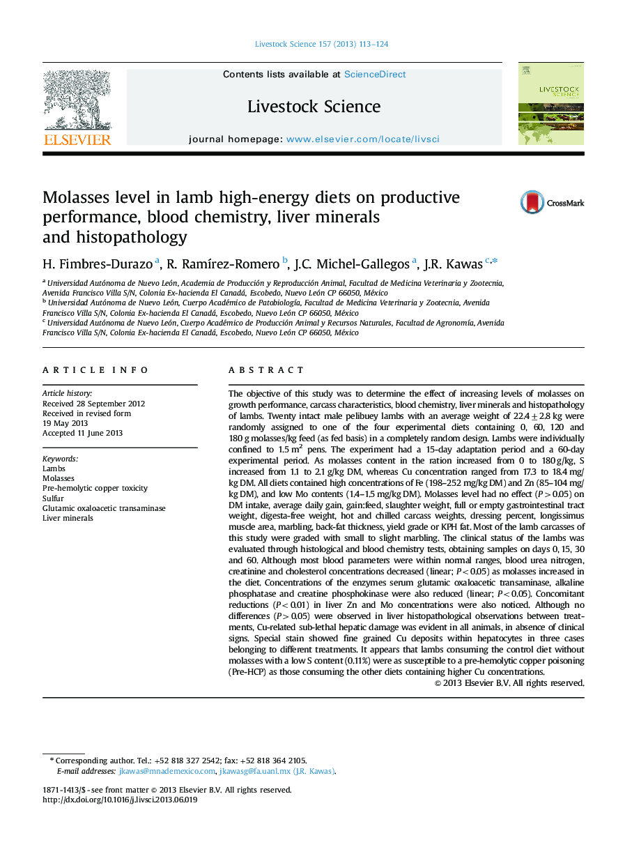 Molasses level in lamb high-energy diets on productive performance, blood chemistry, liver minerals and histopathology