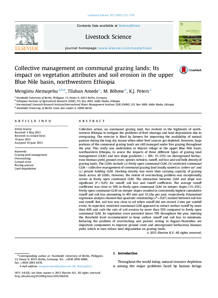 مدیریت جمعی در زمین های کمپنی مشترک: تاثیر آن بر ویژگی های گیاهی و فرسایش خاک در حوضه بالایی آبی نیل، شمال غربی اتیوپی 