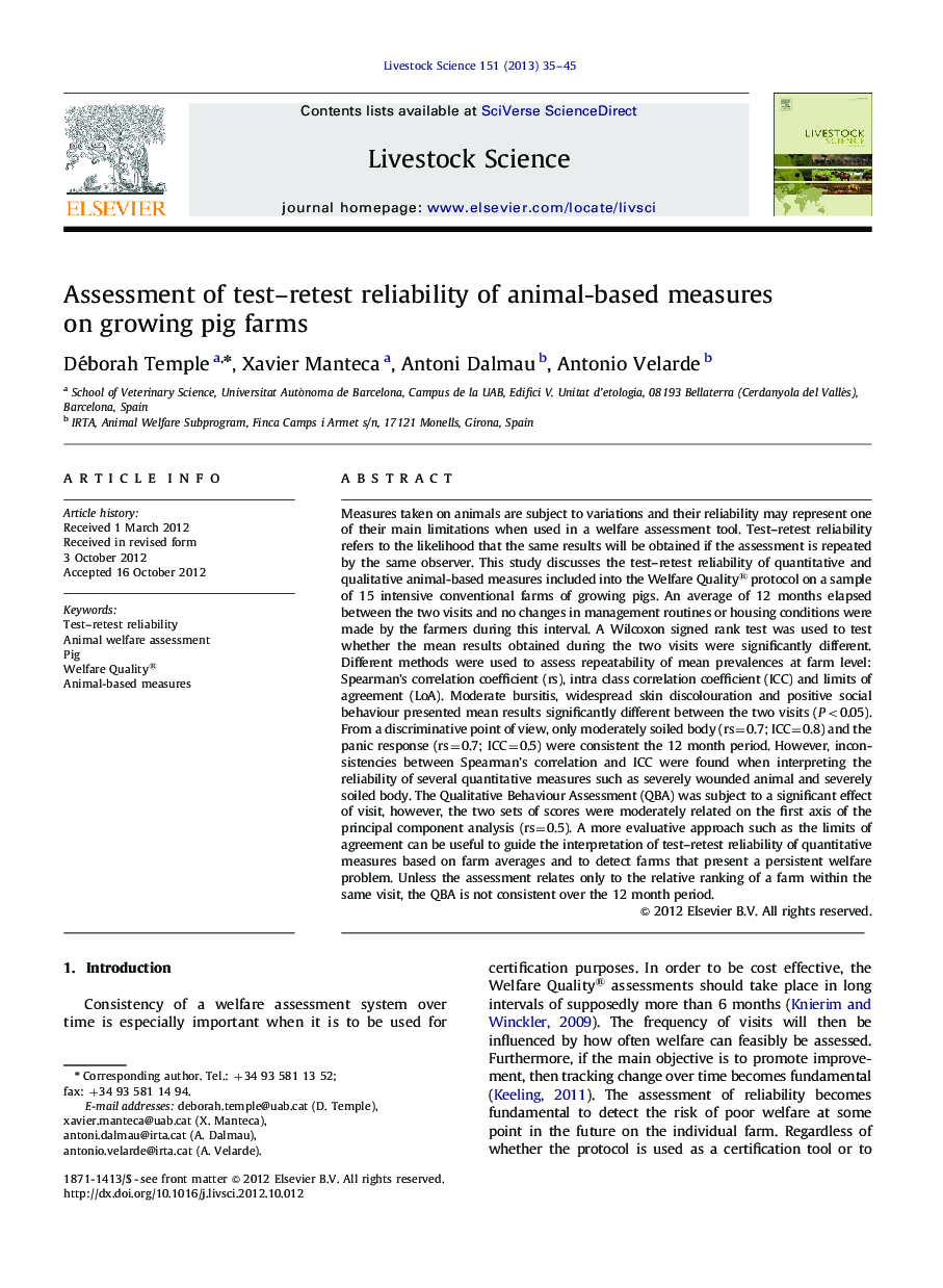 Assessment of test-retest reliability of animal-based measures on growing pig farms