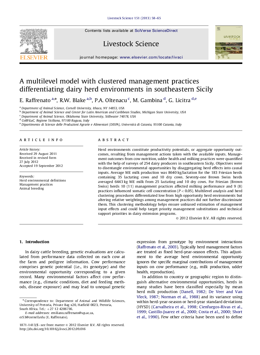 A multilevel model with clustered management practices differentiating dairy herd environments in southeastern Sicily