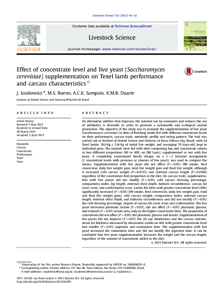Effect of concentrate level and live yeast (Saccharomyces cerevisiae) supplementation on Texel lamb performance and carcass characteristics