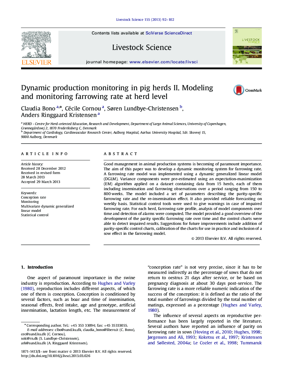 Dynamic production monitoring in pig herds II. Modeling and monitoring farrowing rate at herd level