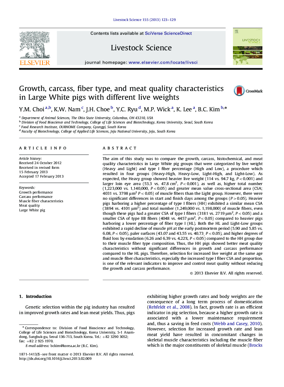 Growth, carcass, fiber type, and meat quality characteristics in Large White pigs with different live weights