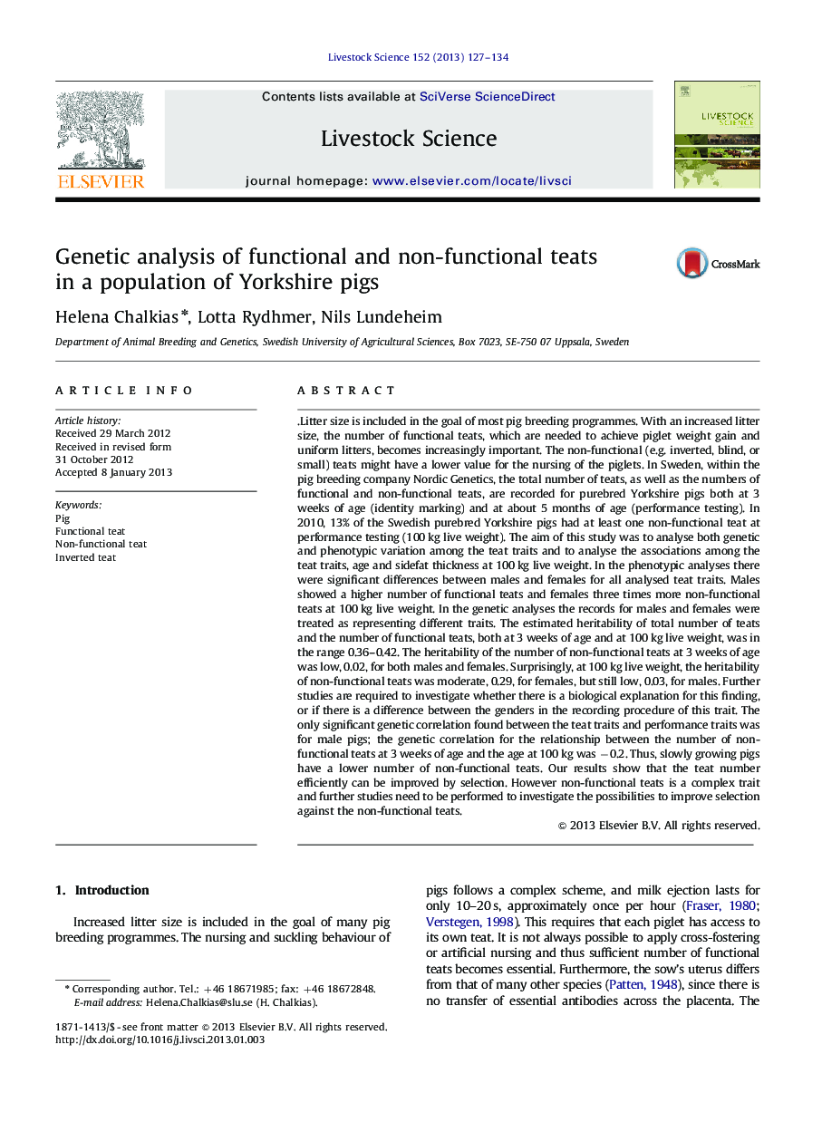 Genetic analysis of functional and non-functional teats in a population of Yorkshire pigs