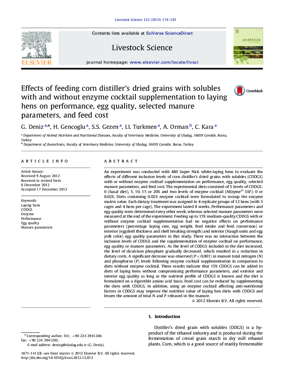 Effects of feeding corn distiller's dried grains with solubles with and without enzyme cocktail supplementation to laying hens on performance, egg quality, selected manure parameters, and feed cost