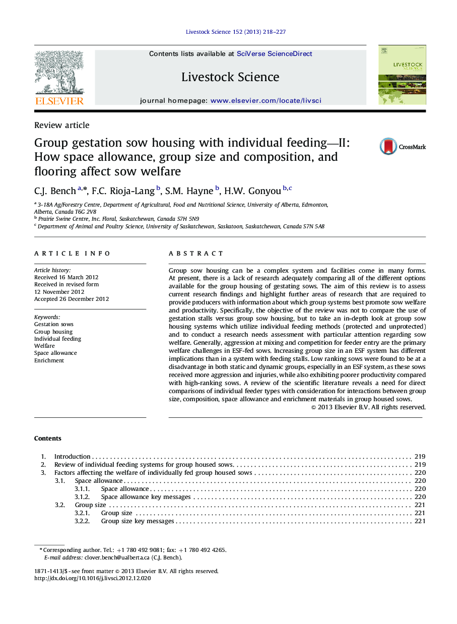 Group gestation sow housing with individual feeding-II: How space allowance, group size and composition, and flooring affect sow welfare