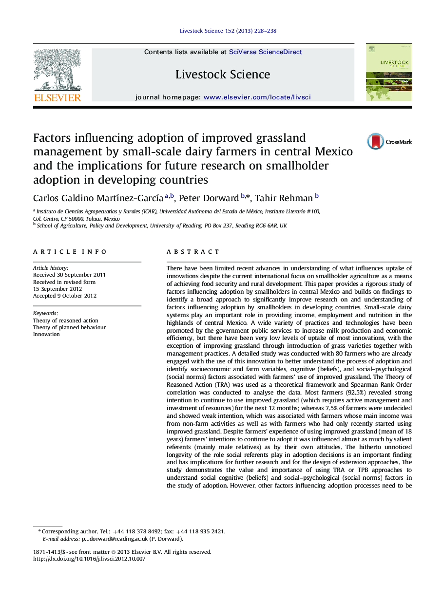 Factors influencing adoption of improved grassland management by small-scale dairy farmers in central Mexico and the implications for future research on smallholder adoption in developing countries