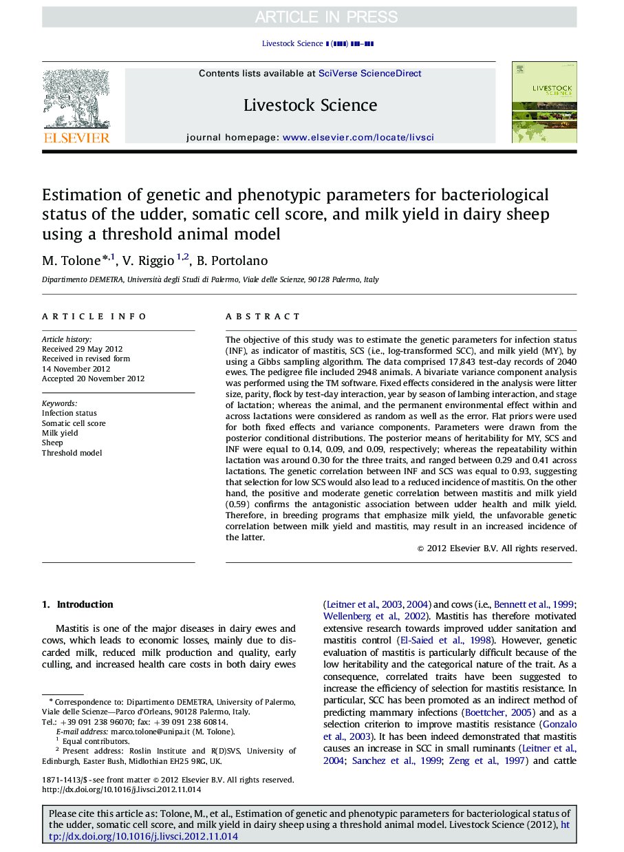 Estimation of genetic and phenotypic parameters for bacteriological status of the udder, somatic cell score, and milk yield in dairy sheep using a threshold animal model