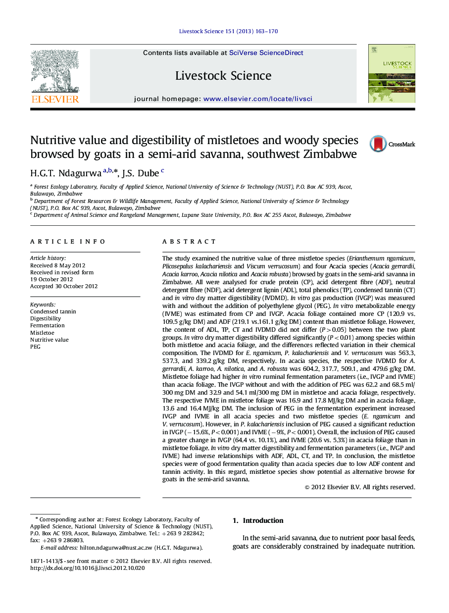 Nutritive value and digestibility of mistletoes and woody species browsed by goats in a semi-arid savanna, southwest Zimbabwe