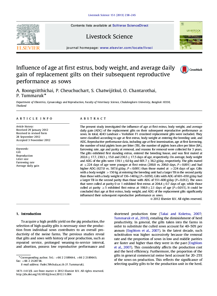 Influence of age at first estrus, body weight, and average daily gain of replacement gilts on their subsequent reproductive performance as sows