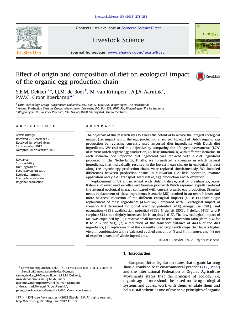 Effect of origin and composition of diet on ecological impact of the organic egg production chain