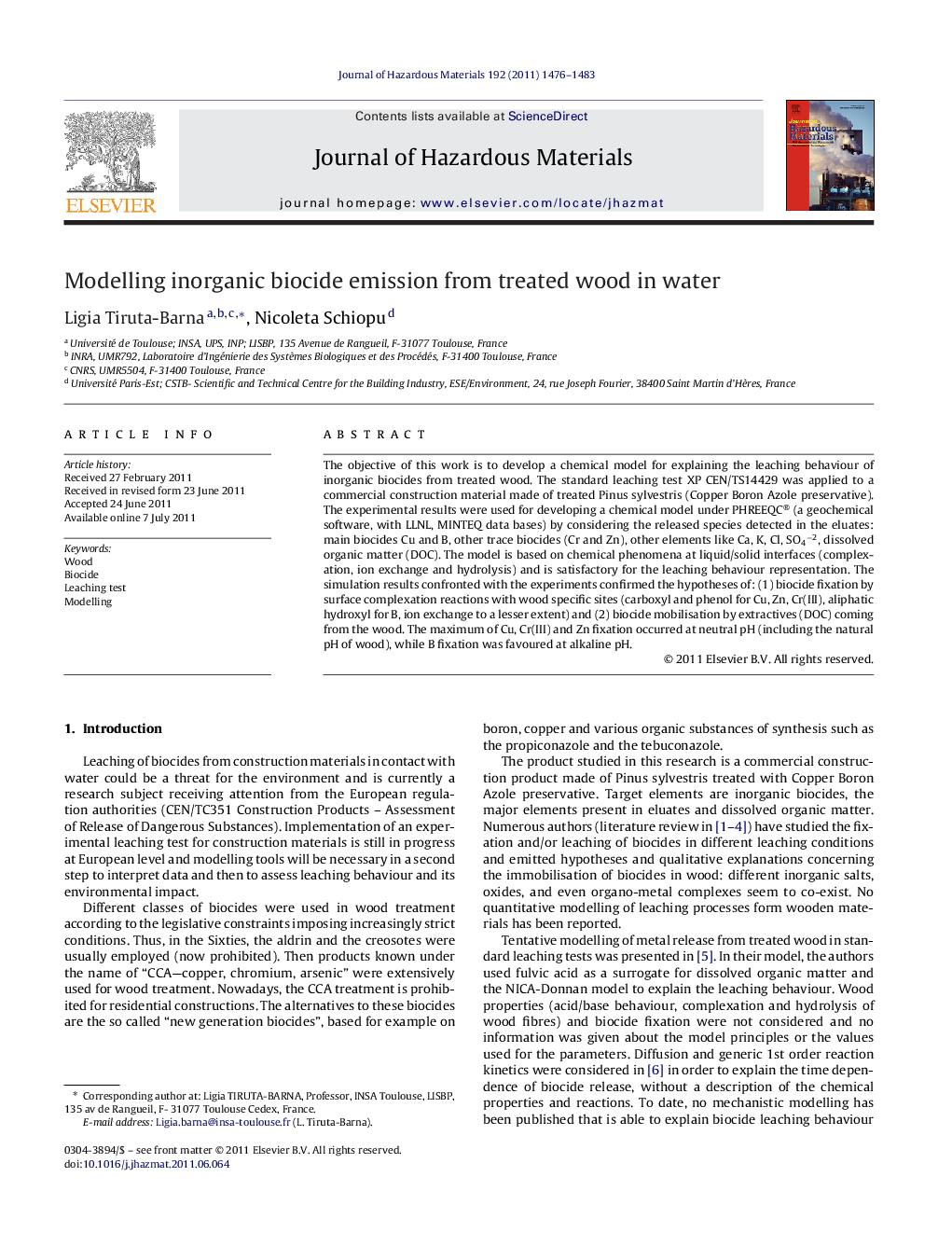 Modelling inorganic biocide emission from treated wood in water