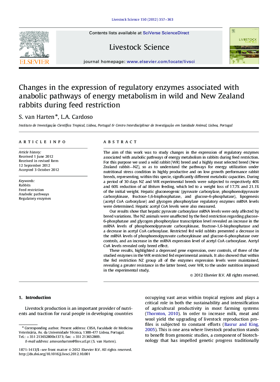 Changes in the expression of regulatory enzymes associated with anabolic pathways of energy metabolism in wild and New Zealand rabbits during feed restriction