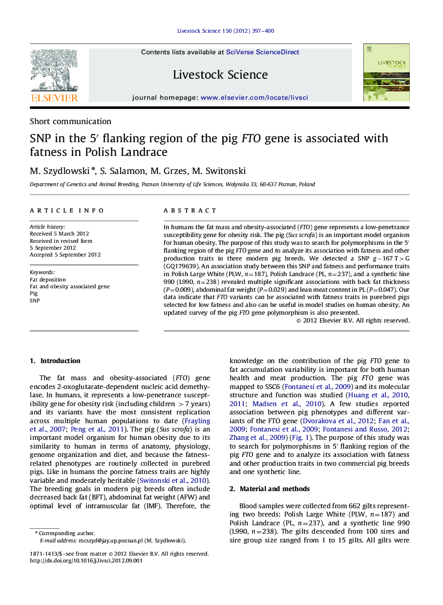 SNP in the 5â² flanking region of the pig FTO gene is associated with fatness in Polish Landrace