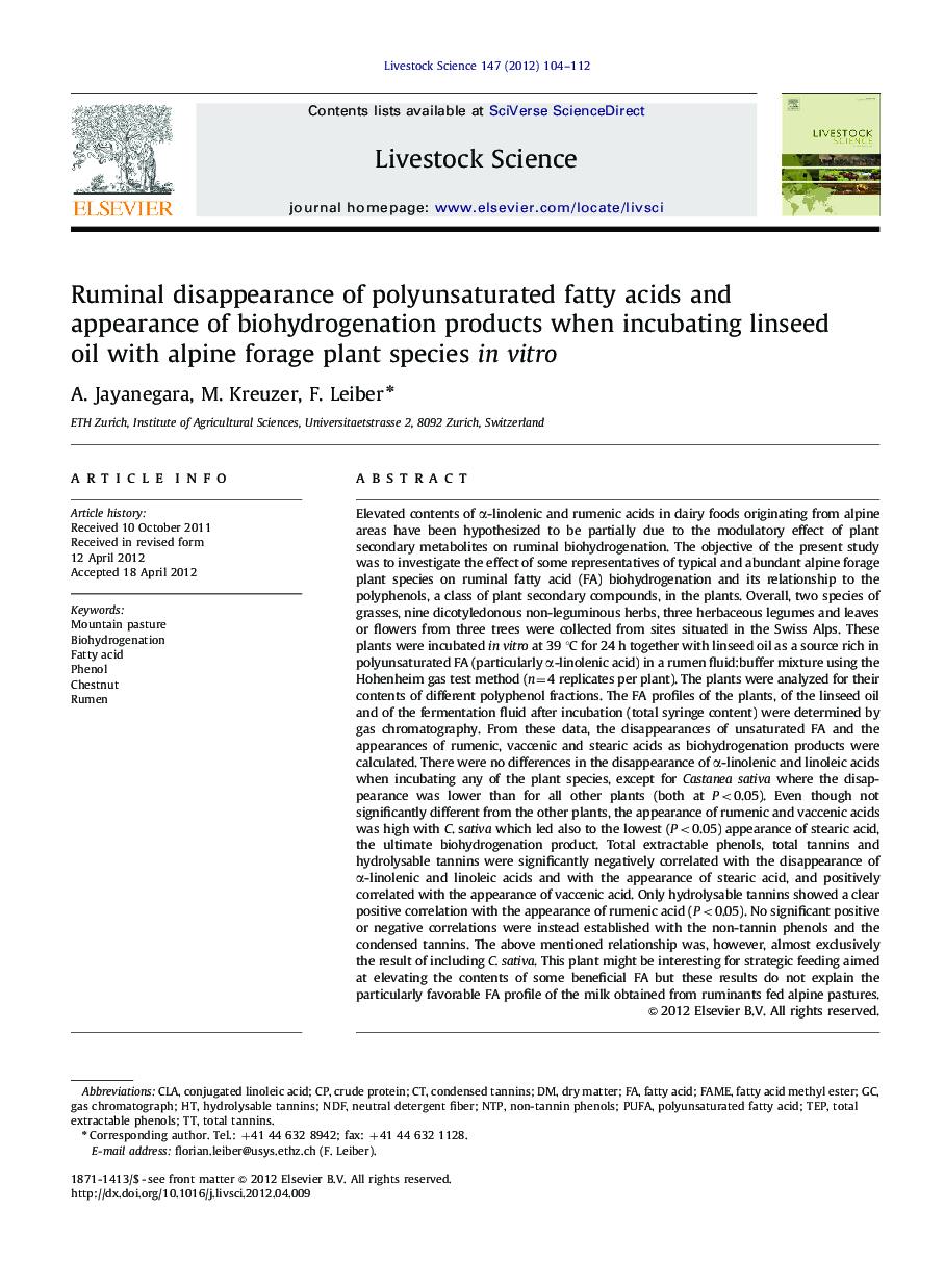Ruminal disappearance of polyunsaturated fatty acids and appearance of biohydrogenation products when incubating linseed oil with alpine forage plant species in vitro