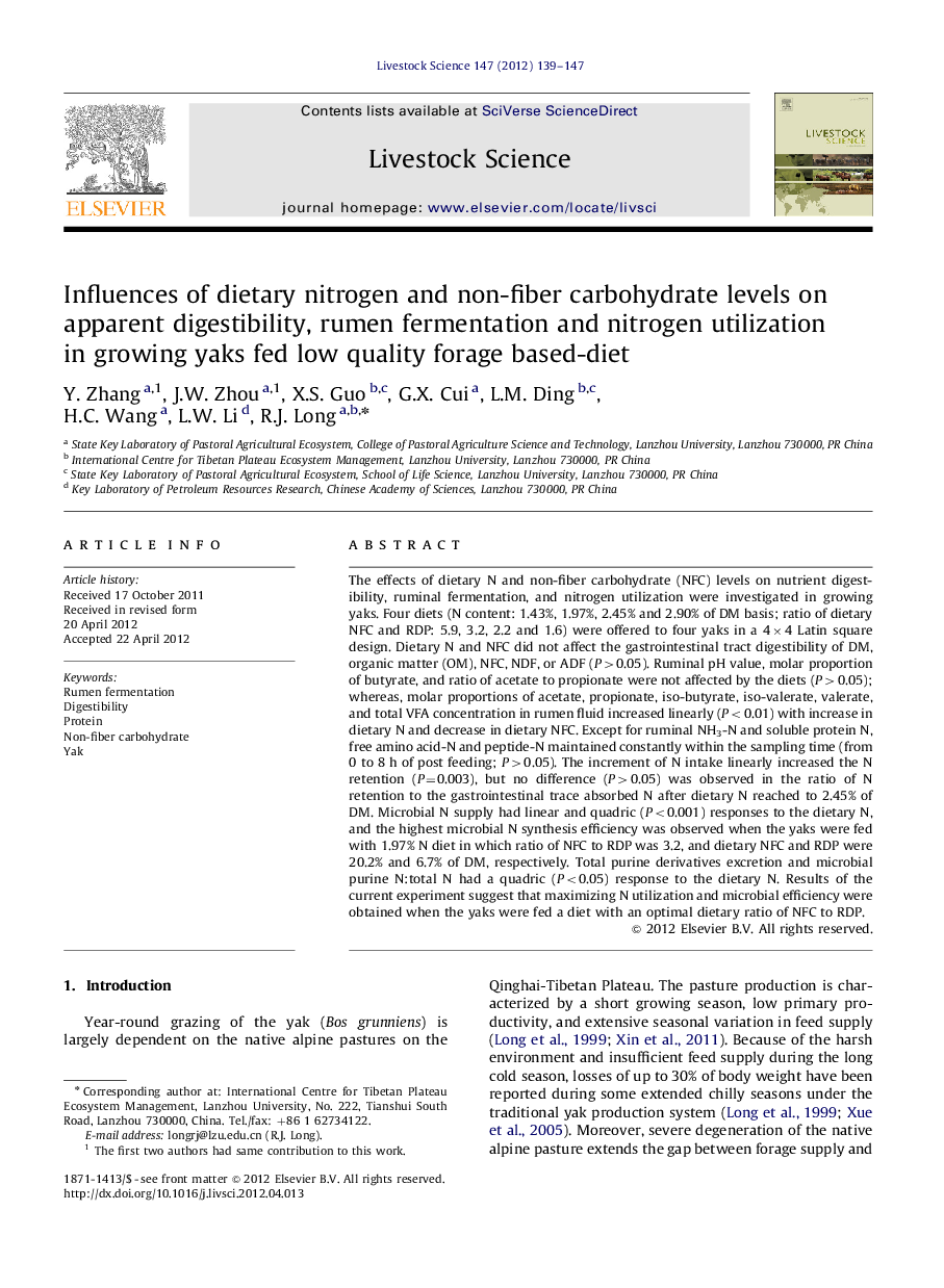 Influences of dietary nitrogen and non-fiber carbohydrate levels on apparent digestibility, rumen fermentation and nitrogen utilization in growing yaks fed low quality forage based-diet