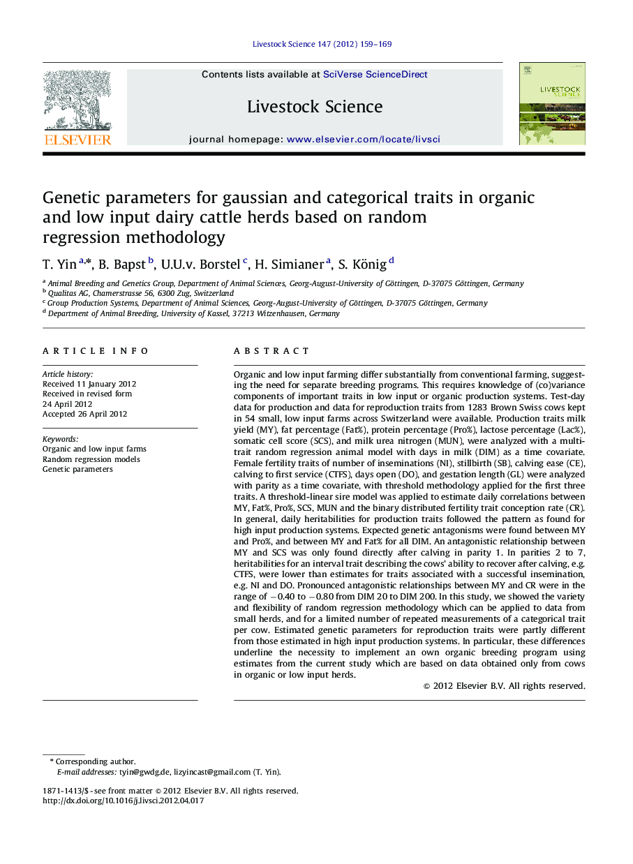 Genetic parameters for gaussian and categorical traits in organic and low input dairy cattle herds based on random regression methodology