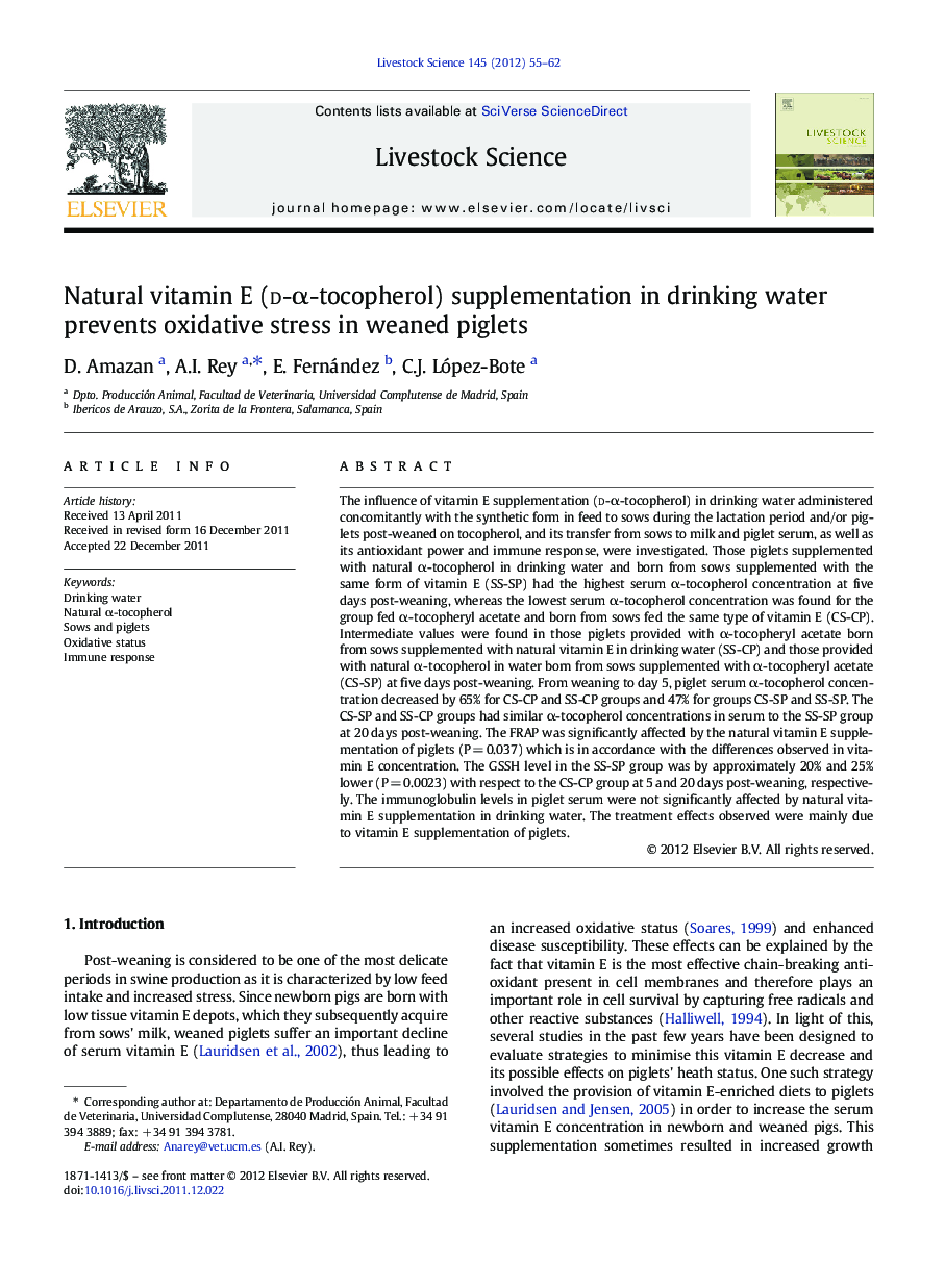 Natural vitamin E (d-Î±-tocopherol) supplementation in drinking water prevents oxidative stress in weaned piglets