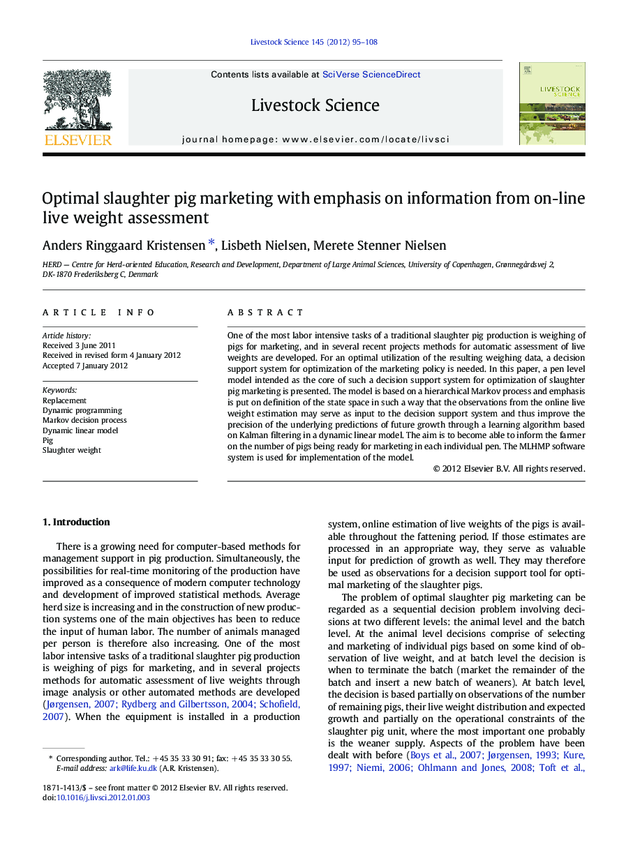 Optimal slaughter pig marketing with emphasis on information from on-line live weight assessment