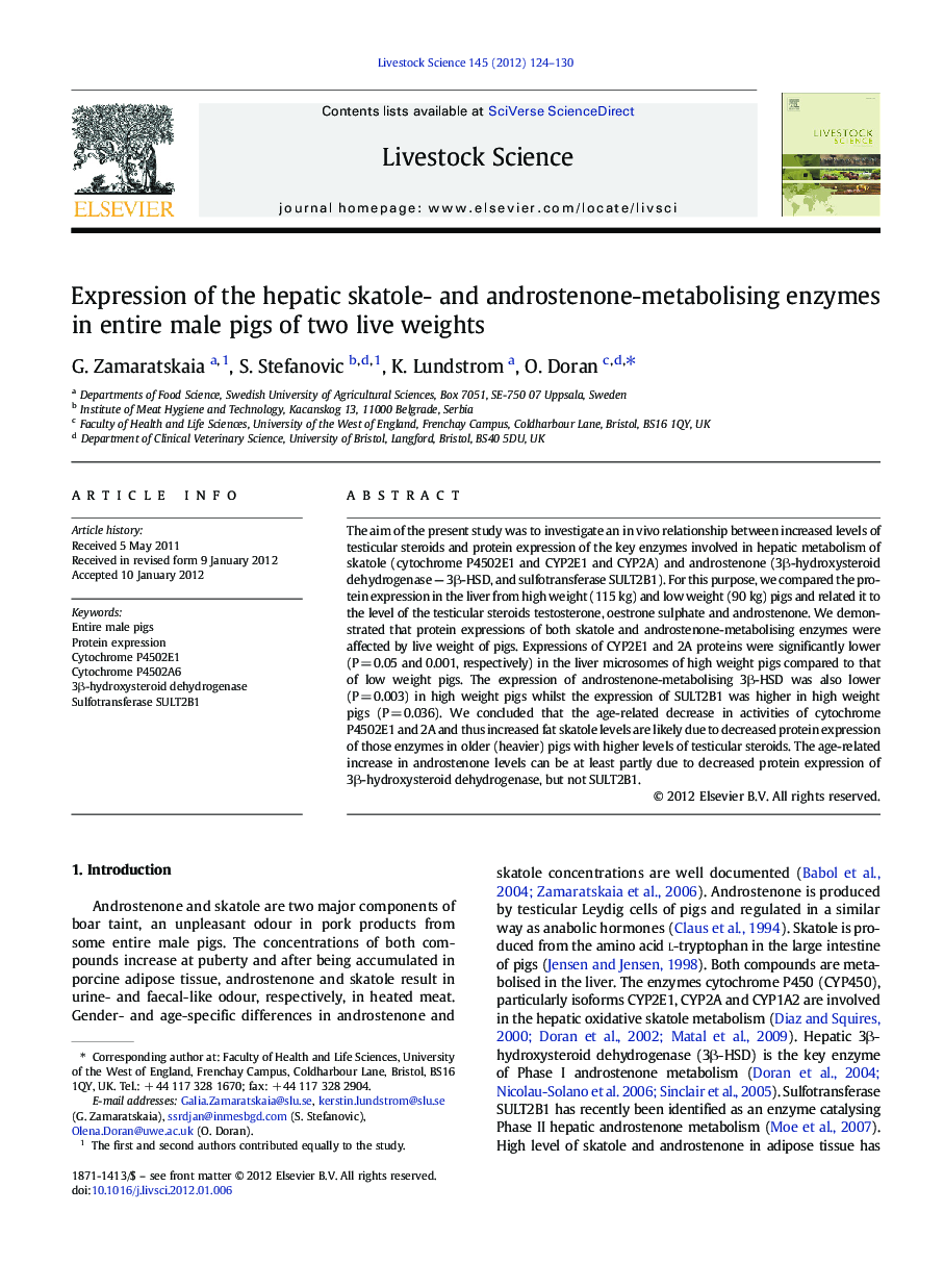 Expression of the hepatic skatole- and androstenone-metabolising enzymes in entire male pigs of two live weights