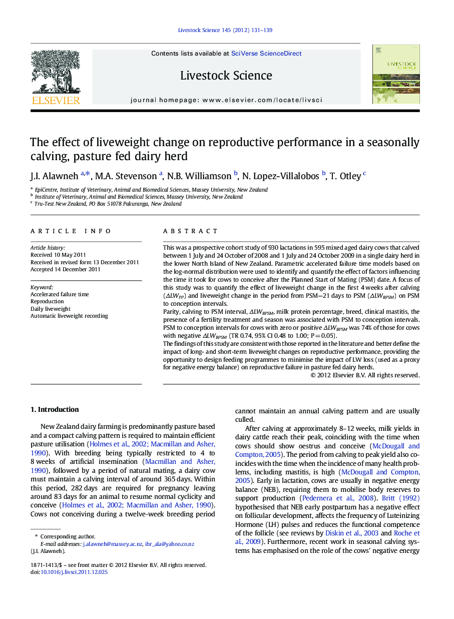 The effect of liveweight change on reproductive performance in a seasonally calving, pasture fed dairy herd