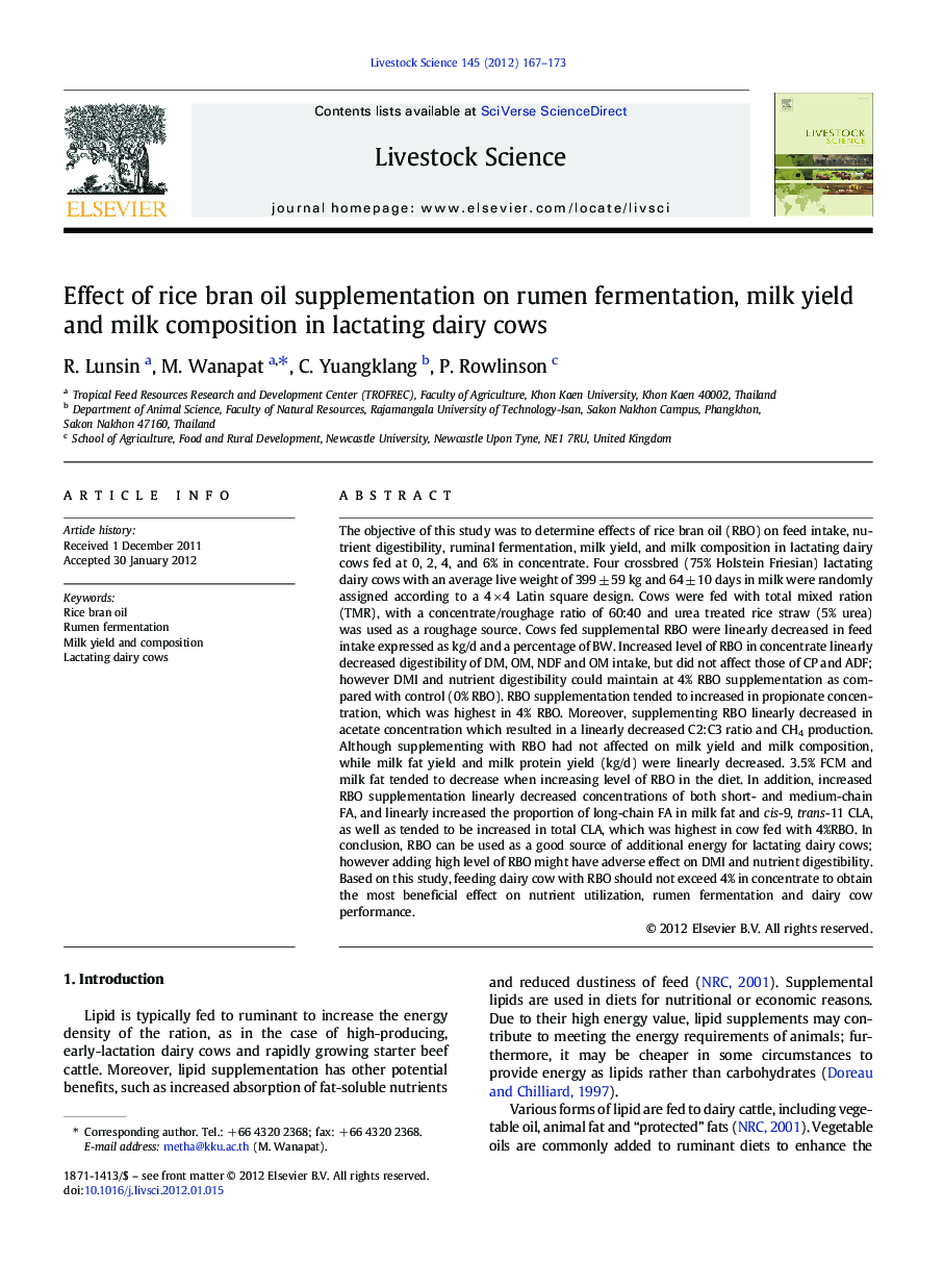 Effect of rice bran oil supplementation on rumen fermentation, milk yield and milk composition in lactating dairy cows