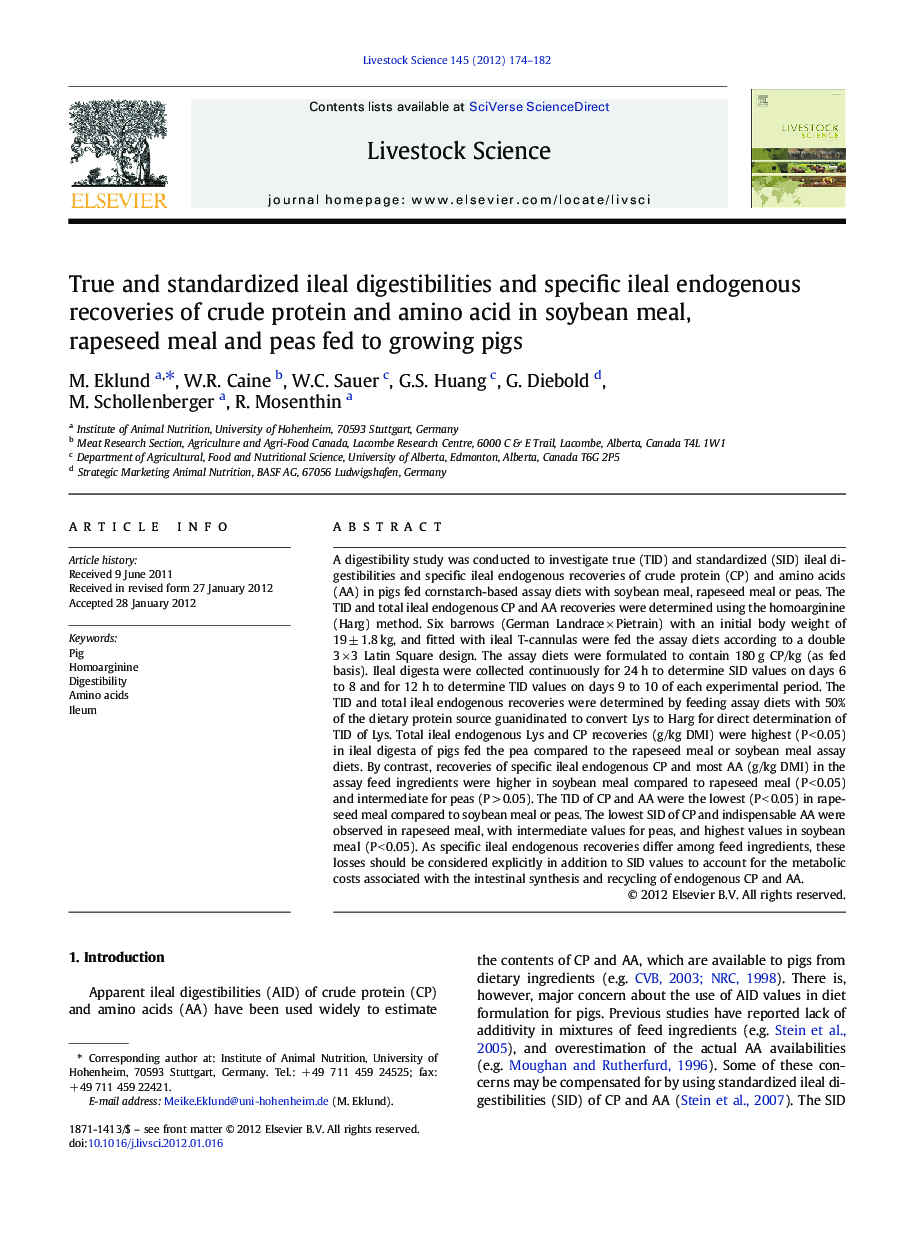 True and standardized ileal digestibilities and specific ileal endogenous recoveries of crude protein and amino acid in soybean meal, rapeseed meal and peas fed to growing pigs