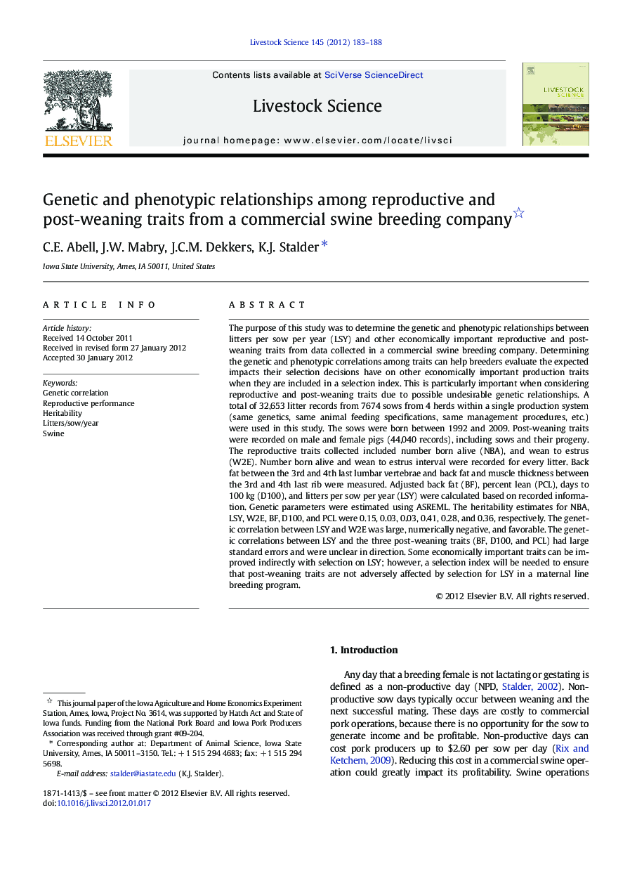 Genetic and phenotypic relationships among reproductive and post-weaning traits from a commercial swine breeding company